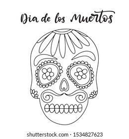 Dia de los moertos spanish lettering with sugar skull in black and white colors. Day of the dead traditional Mexican holiday banner, poster, party invitation flyer, greeting card, print. Vector image.