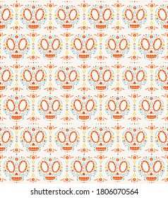 Dia de los muartes skulls pattern color cartoon style for Day of the dead, Halloween, holiday party, traditional mexican wallpaper. Vector Illustration 10 eps