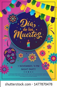 Dia de Los Muertos A4 poster design. Mexican Day of the Dead inscription on dark background. Vector colorful template with festival fire, decorated skull, flowers, lettering sign and garland. 