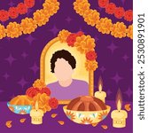 Dia de los Muertos altar with photo, marigolds, and candles Vector