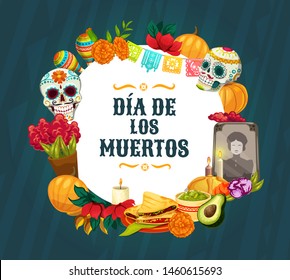 Dia de los Muertos altar decorations. Mexican Day of the Dead vector sugar skulls, Catrina calavera and marigold flowers, sweet bread, candles and maracas, paper cut flags and festive bunting