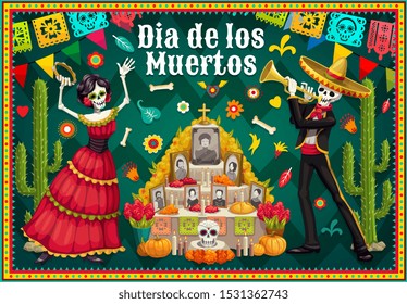 Dia de los Muertos altar and dancing skeletons vector design of Mexican Day of the Dead. Catrina and mariachi musician with sugar skull, marigold flowers and sombrero, paper flags, cactuses and cross