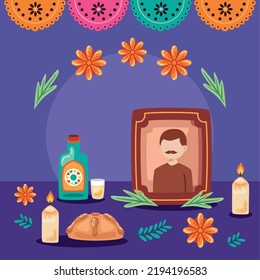 dia de los muertos altar and flowers poster