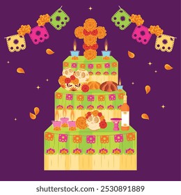 Dia de los Muertos altar with cross, marigolds, and candles Vector