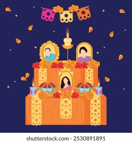 Dia de los Muertos altar with photos, candles, and marigold flowers Vector