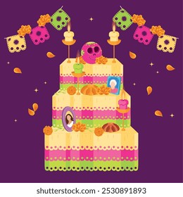 Dia de los Muertos altar with colorful decorations and candles Vector