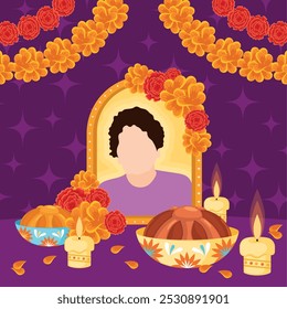 Altar del Día de los Muertos con foto, caléndulas y velas Vector