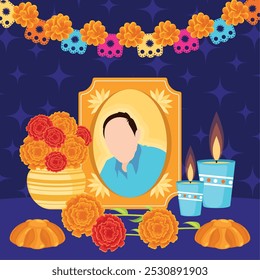 Dia de los Muertos altar with marigolds and colorful candles Vector