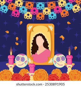 Dia de los Muertos altar with colorful candles and sugar skulls Vector