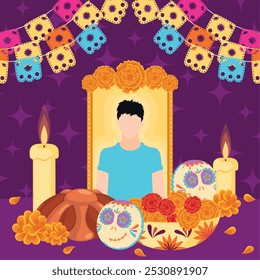 Dia de los Muertos altar with photo, candles, and flowers Vector