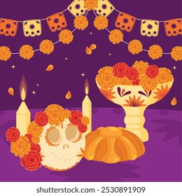 Dia de los Muertos altar com marigolds e crânios de açúcar Vetor