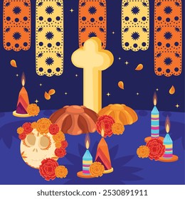 Dia de los Muertos altar with skulls and marigold garlands Vector