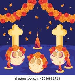 Dia de los Muertos altar with candles and sugar skulls Vector