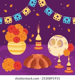 Altar del Día de los Muertos con guirnaldas de caléndula y velas Vector