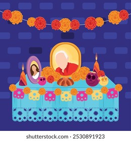 Dia de los Muertos altar with portraits and candles Vector