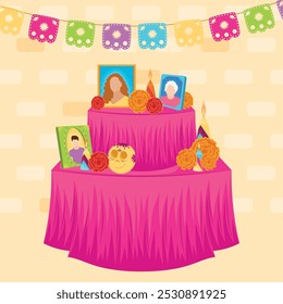 Dia de los Muertos altar with portraits and candles Vector