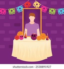 Dia de los Muertos altar with candles and sugar skulls Vector