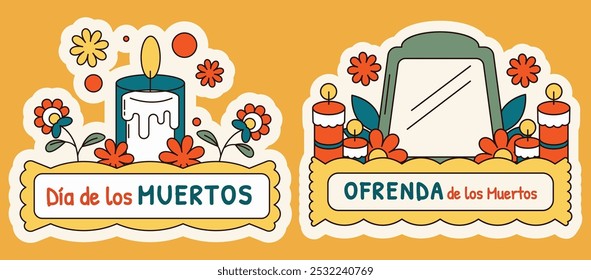 Etiqueta engomada del altar y de la ofrenda del día de los muertos, ilustración simple de la historieta