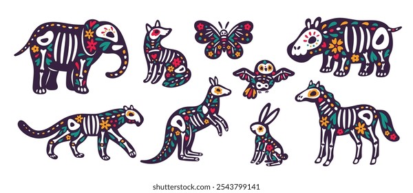 Dia de los muertos animales. Día mexicano de muertos. Calaveras y huesos con flores decorativas. Personajes de fauna. Esqueletos de elefantes y tigres. Cráneo de azúcar. Mamíferos de Halloween