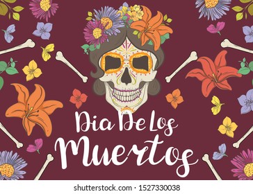 Dia de los Muertos. Background with flowers and mexican skull girl