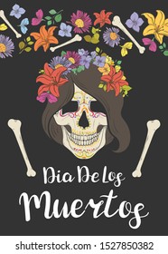 Dia de los Muertos. Background with flowers and a skull of a mexican girl