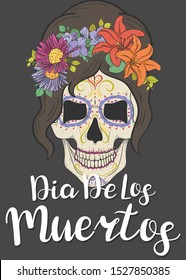 Dia de los Muertos. Background with flowers and a skull of a mexican girl