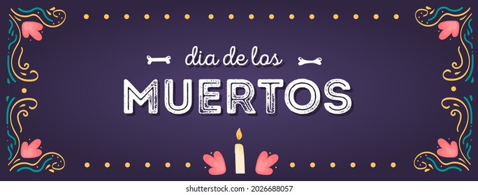 Dia de los muertos background. Horizontal banner with candle offering and floral decorative ornament. Mexican national holiday Day of the dead. Vector hand drawn illustration in flat style.