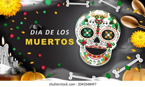 Dia de los Muertos background with bone and pumpkin.