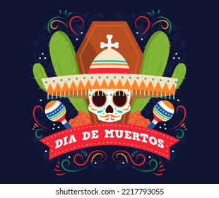 Fondo del Día de los Muertos, tarjeta de saludo de Halloween, cartel, invitación. Calaveras de tatuaje de azúcar, flores de caléndula, decoración tradicional de esqueleto mexico de Catrina Calavera. Vector eps 10.