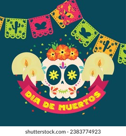 Dia de los muertos background with a skull and ornaments Vector