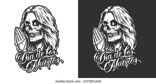 Dia De Los Muertos badge with praying hands holding rozary and woman head with day of dead makeup in vintage monochrome style isolated vector illustration