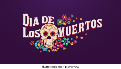 Dia de Los Muertos banner skull surounded with colorful flowers, mexican event, Fiesta, party poster, holiday greeting card.