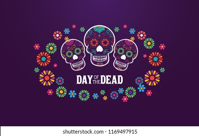 Dia de Los Muertos banner skull surounded with colorful flowers, mexican event, Fiesta, party poster, holiday greeting card.