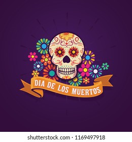 Dia de Los Muertos banner skull surounded with colorful flowers, mexican event, Fiesta, party poster, holiday greeting card.