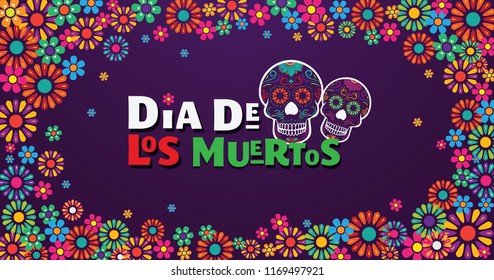 Dia de Los Muertos banner skull surounded with colorful flowers, mexican event, Fiesta, party poster, holiday greeting card.