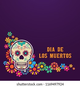 Calavera banner del Día de Los Muertos rodeada de coloridas flores, evento mexicano, Fiesta, afiche de fiesta, tarjeta de saludo de vacaciones.