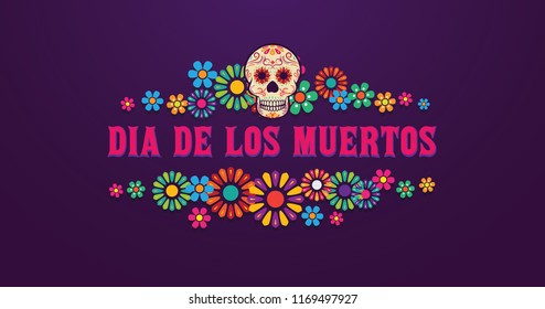 Dia de Los Muertos banner skull surounded with colorful flowers, mexican event, Fiesta, party poster, holiday greeting card.