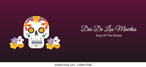 Dia de los muertos banner design and illustration with colorful sugar skull design.