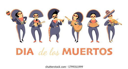 Dia de los muertos banner with funny skeletons in traditional mariacci clothes playing musical instruments. Cartoon illustration in flat style