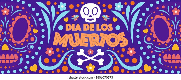 Dia de Los Muertos banner colorful style. Day of the Dead with skull and flower for decoration, funny poster party, t shirt, fiesta, greeting card. Mexico Halloween party flyer. Vector 10 eps