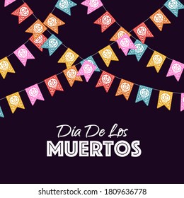 Dia de Los Muertos banner colorful style with garlands. Day of the Dead with skull and flower for decoration, funny poster party, t shirt, fiesta, greeting card. Halloween party flyer. Vector 10 eps