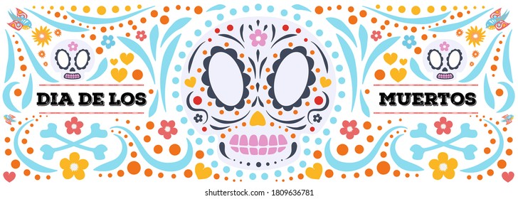 Banner estilo lindo del Día de los Muertos. Día de los Muertos con cráneo y flor para la decoración, fiesta de afiches divertidos, camiseta, fiesta, tarjeta de saludo. Volante de la fiesta de Halloween en México. Vector 10 eps