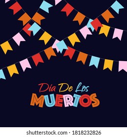 Dia de Los Muertos banner color style with garlands. Day of the Dead with skull and flower for decoration, funny poster party, t shirt, fiesta, greeting card. Halloween party flyer. Vector 10 eps