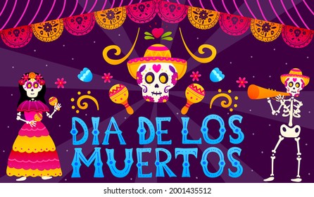 Dia de los muertos banner in cartoon style with dancing skulls and colourful lettering, floral ornate