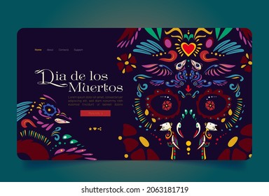 Dia de los Muertos banner with fancy pattern of skull with flowers, heart and birds. Vector landing page of Day of Dead in Mexico with cartoon illustration of traditional mexican ethnic print