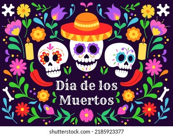 Dia de Los Muertos banner colorful style. Day of the Dead. Vector flat cartoon illustration with skulls and colorful flowers. Mexico Halloween party flyer. 