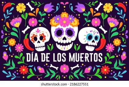 Dia de Los Muertos banner colorful style. Day of the Dead. Vector flat cartoon illustration with skulls and colorful flowers. Mexico Halloween party flyer. 