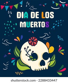 Dia de los muertos banner. Traditional Mexican holiday and festival. Skull with flowers and inscriptions. Design element for invitation and greeting postcard. Cartoon flat vector illustration