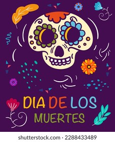 Dia de los muertos banner. Day of dead. Colorful skull with flowers and floral ornaments. Mexical font with celebration party sign. Template, layout and mock up. Cartoon flat vector illustration