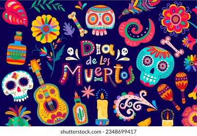 Dia de los muertos banner with mexican sugar calavera skulls, tropical flowers, candle, guitar and maracas. Vector greeting card with calaca heads, traditional latin musical instrument, and cacti